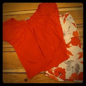 Floral skirt with matching coral red shirt
